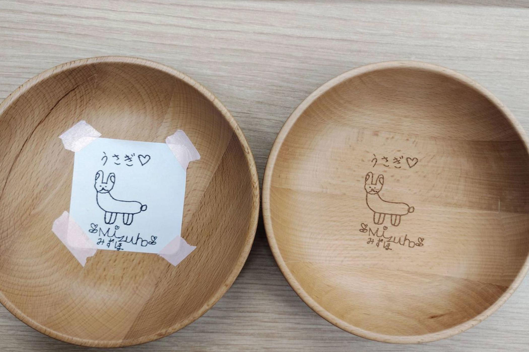 桑名の木製食器メーカー籐芸で手描きイラストをレーザー刻印 | 桑名
